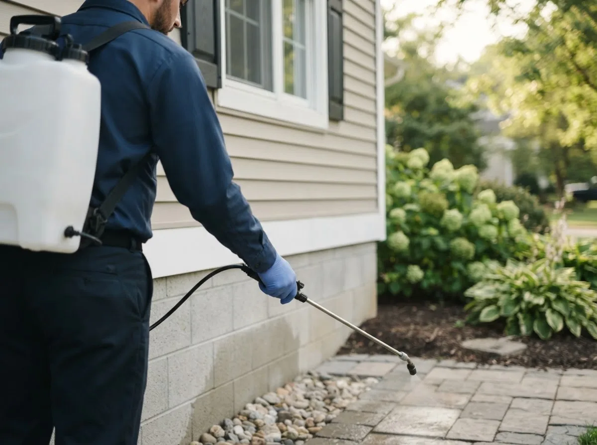 Pest control technician inspecting a home in Midland, OH